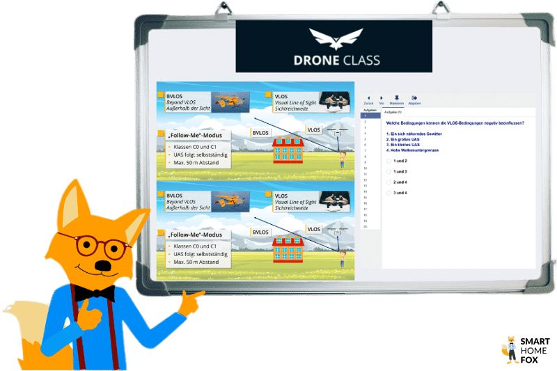 Der Smart Home Fox Experte lernt mit Lernmaterialien von Drone Class für den EU-Drohnenführerschein an einer Tafel.